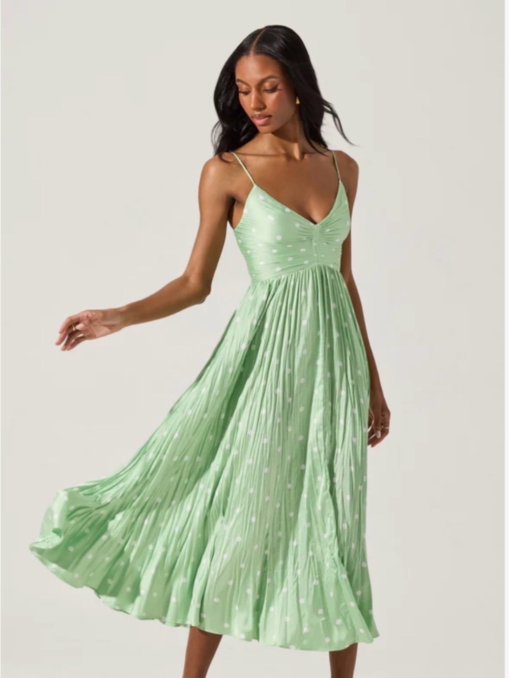 Astr The Label Maeve Pleated Strappy Mint Green Polka Dot Midi Dress